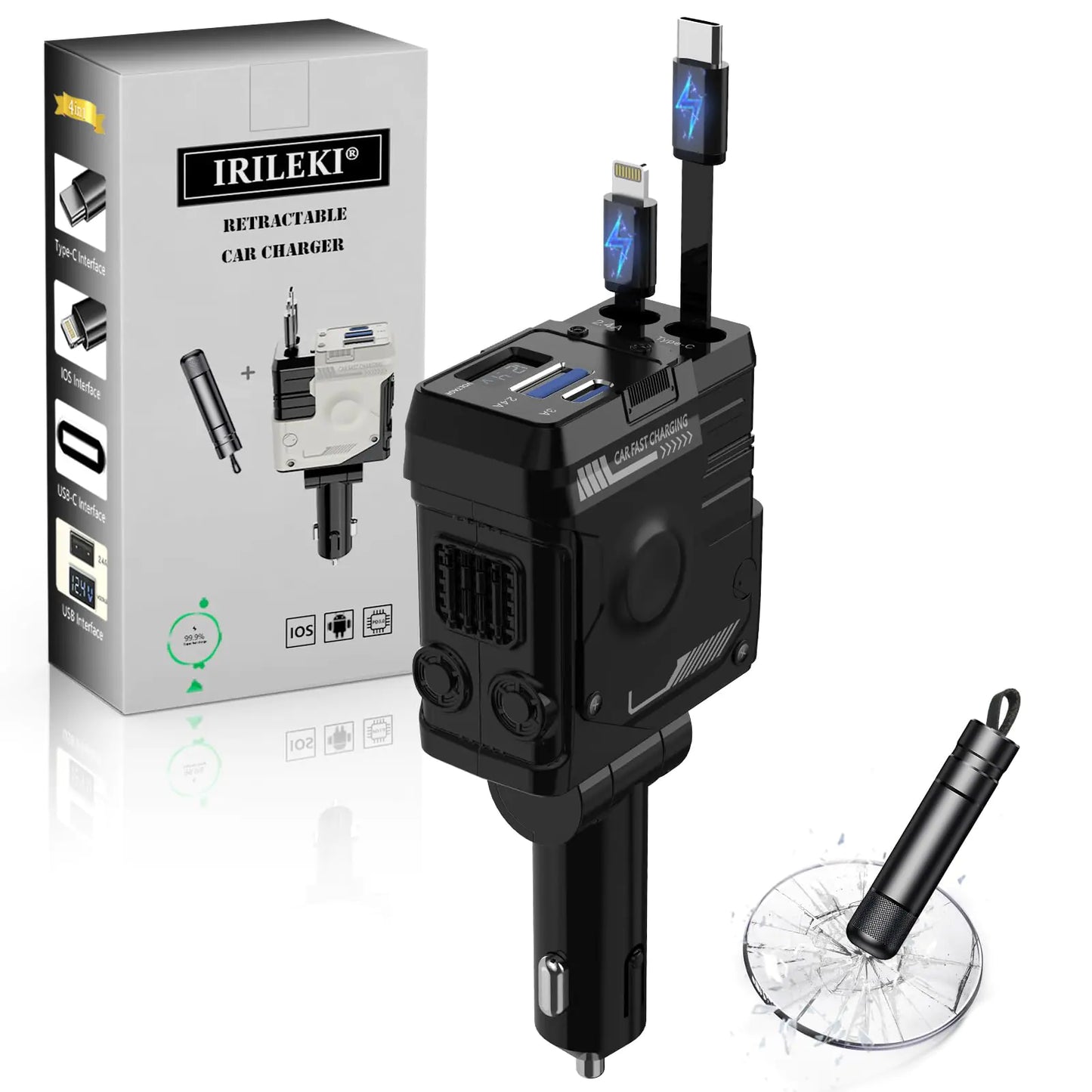 4-in-1 Retractable Car Charger with Safety Hammer