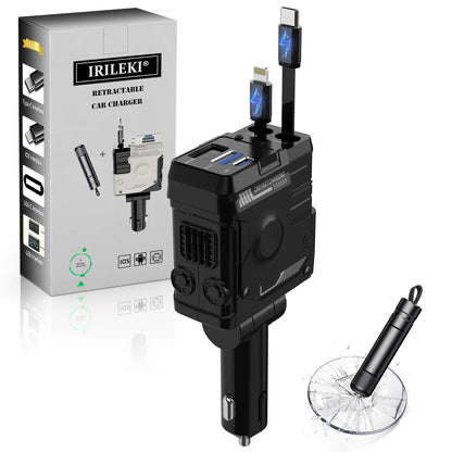 4-in-1 Retractable Car Charger with Safety Hammer