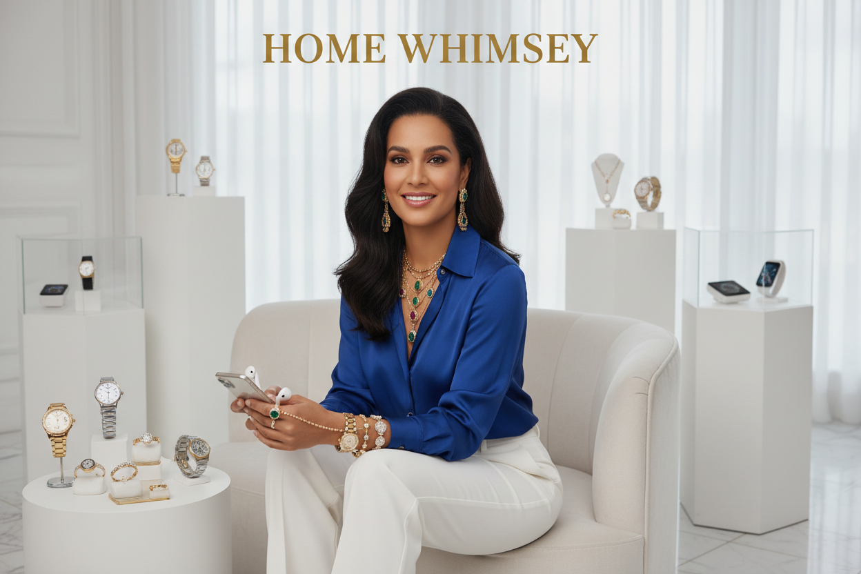 Help me generate banner for wrist watches, jewelry, hand band , Gadget and add real human being make it more eyecatching and professional and add all the store product to it ADD THE STORE NAME HOME WHIMSEY