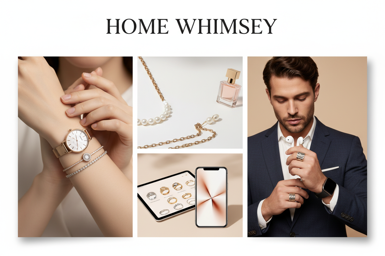 Help me generate banner for wrist watches, jewelry, hand band , Gadget and add real human being make it more eyecatching and professional and add all the store product to it ADD THE STORE NAME HOME WHIMSEY 